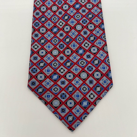 Vintage Stefano Ricci 100% Silk Tie Red Gray Silver Blue Black Geometric Pattern - Picture 2 of 7